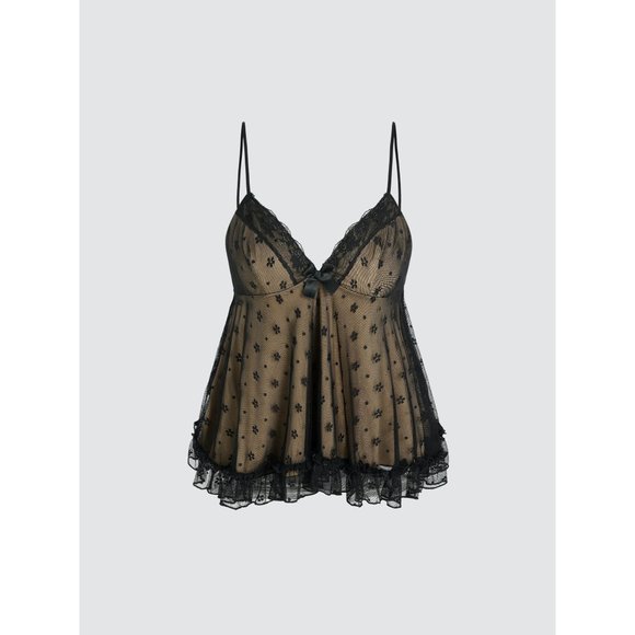 Cider Tops - NWT Sexy Floral Lace VNeck Ruffle Cami Stretch Top Adjustable Straps L Black Tan